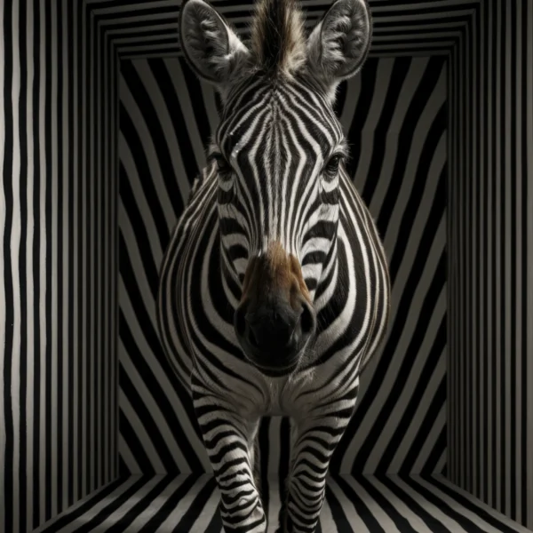 Zebra Mirage, zèbre face caméra dans un décor de rayures noir et blanc