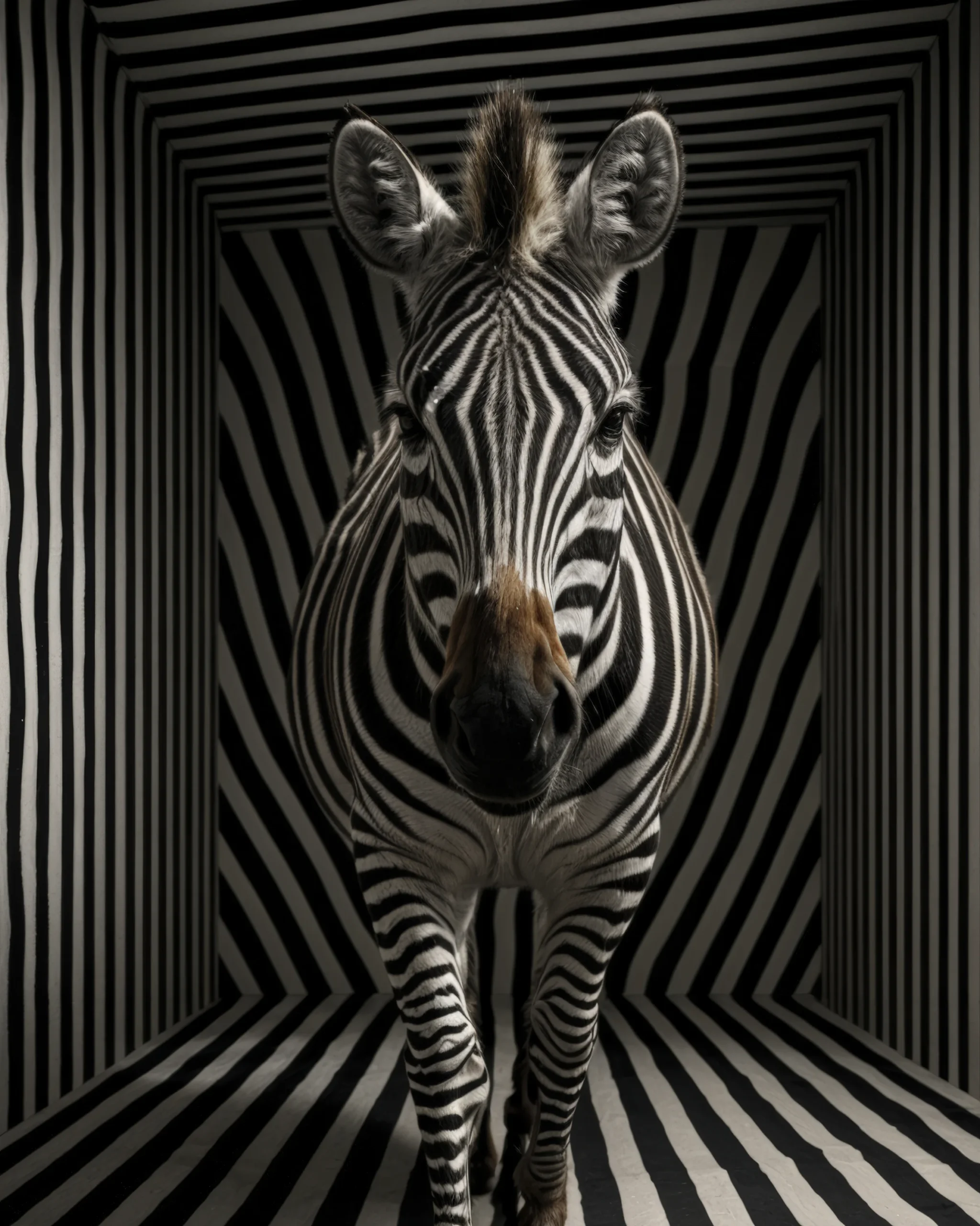 Zebra Mirage, zèbre face caméra dans un décor de rayures noir et blanc