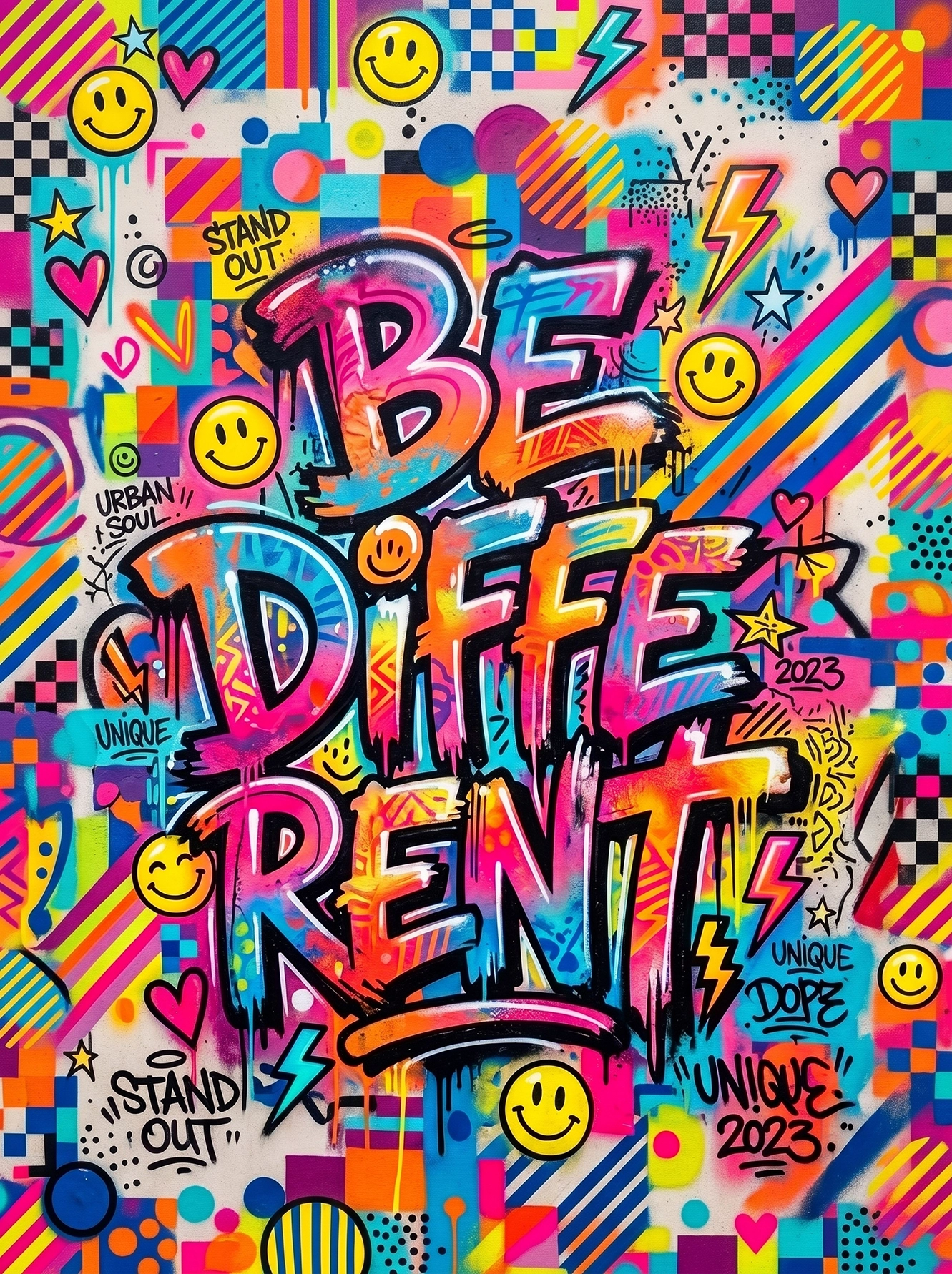 Tableau Be Different représentant une typographie street art pop colorée entourée de smileys, d'éclairs, de motifs graphiques et d'un univers graffiti contemporain.
