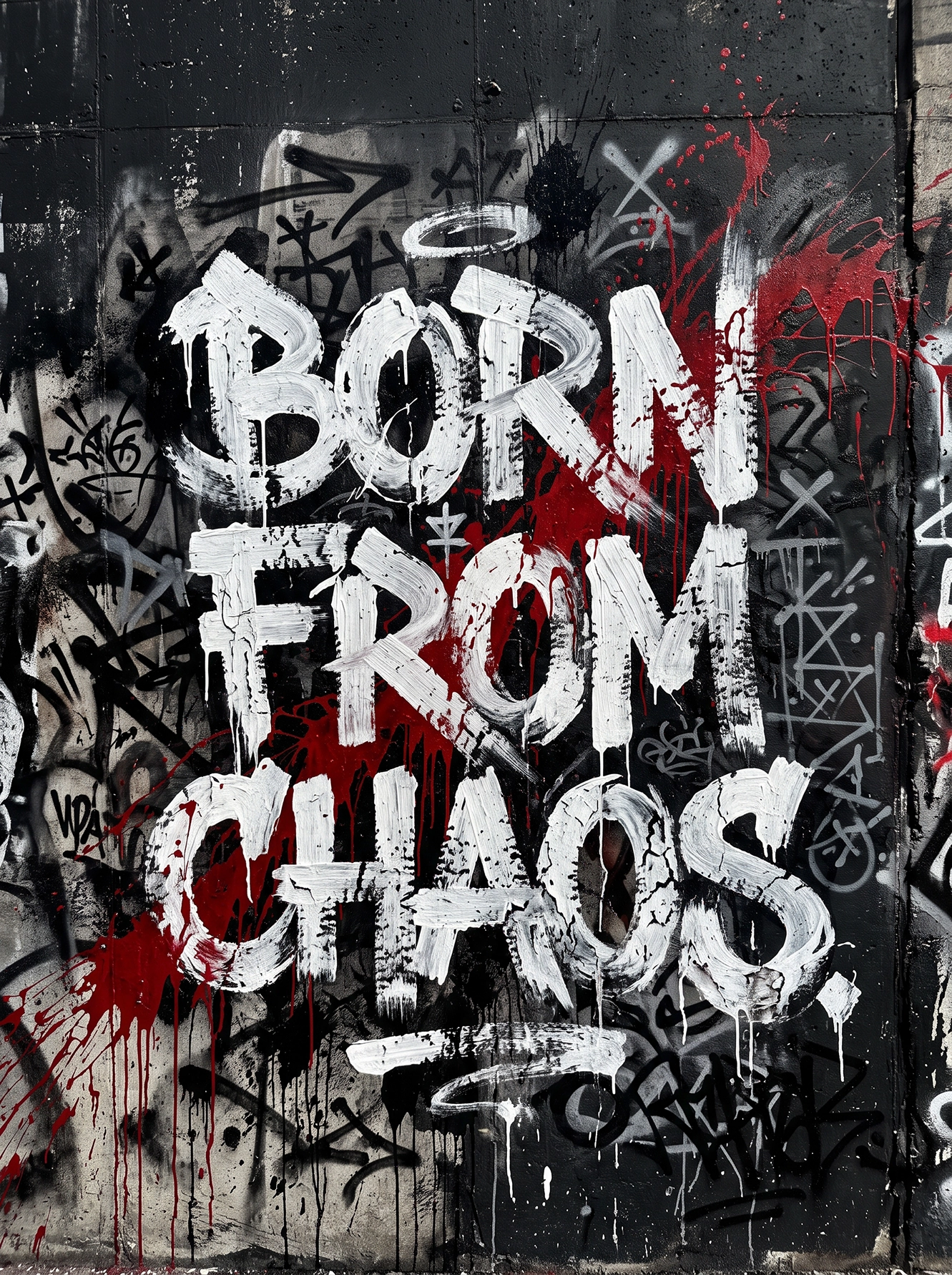 Tableau Born From Chaos représentant un slogan en typographie urbaine blanche sur fond noir avec graffiti, tags et éclaboussures rouges.