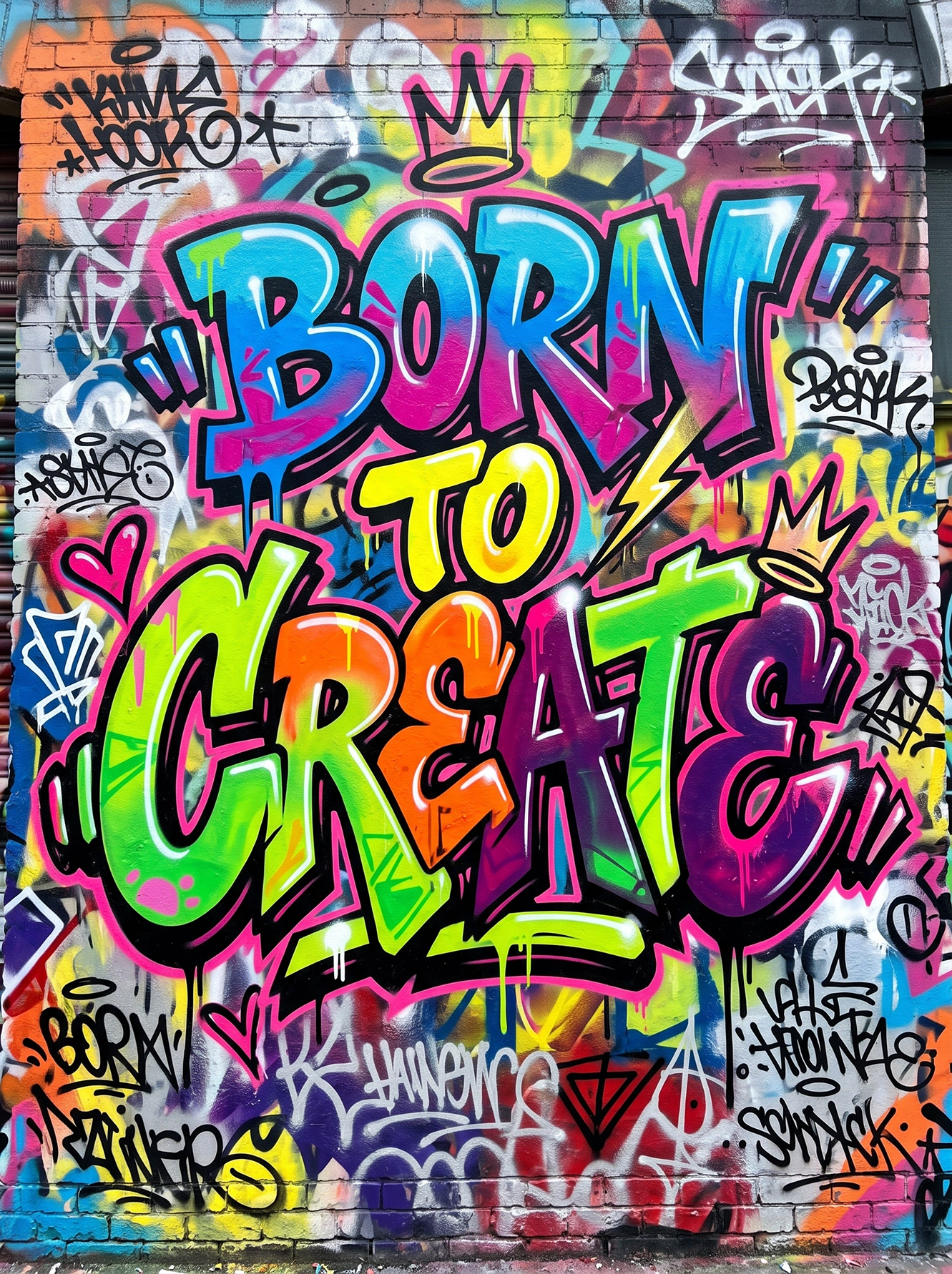 Tableau Born to Create représentant un immense lettering graffiti coloré avec slogan urbain sur un mur recouvert de tags et de street art.