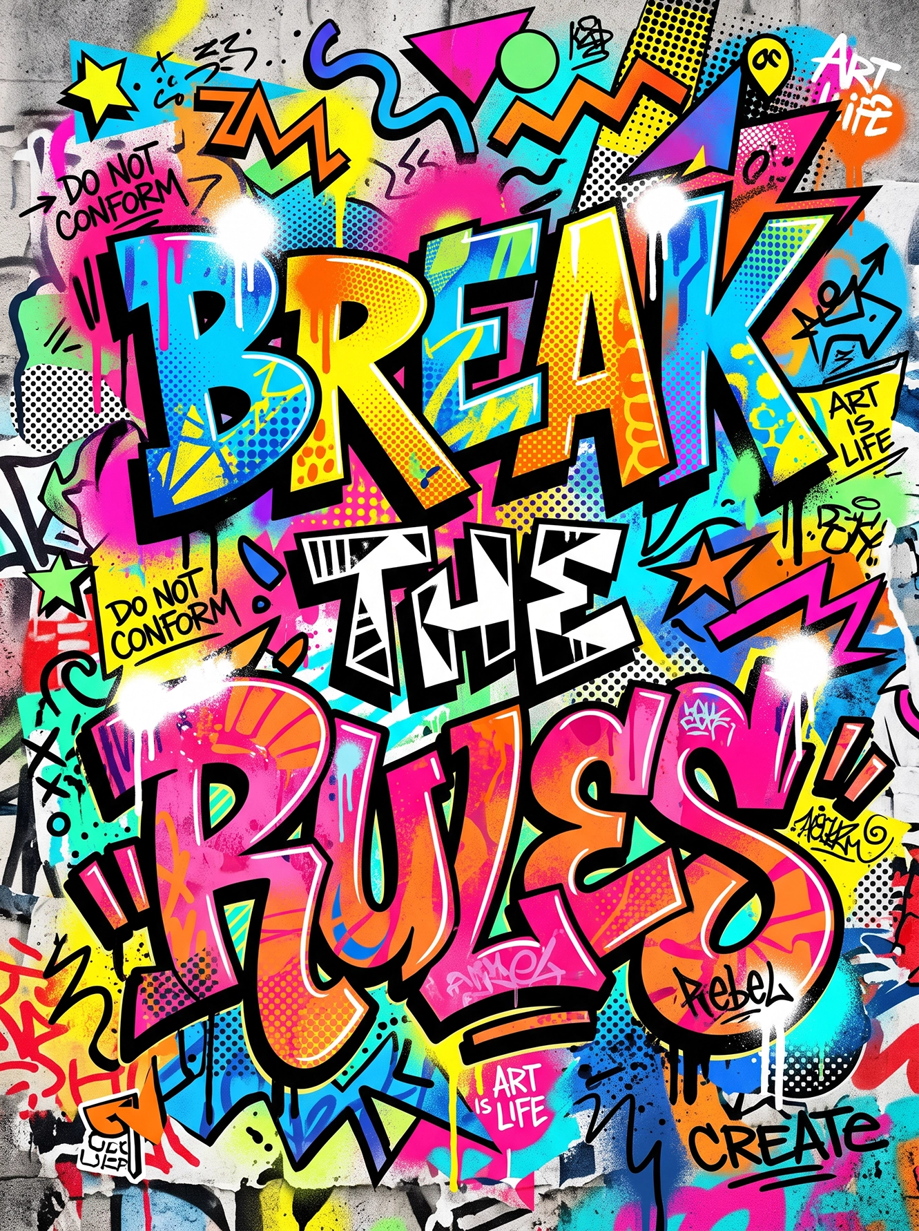 Tableau Break The Rules représentant une typographie street art colorée inspirée du graffiti contemporain avec lettering XXL, motifs pop et ambiance urbaine moderne.