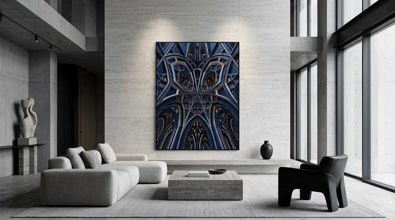 Mise en situation du tableau Cathédrale Algorithmique dans un décor d'art génératif