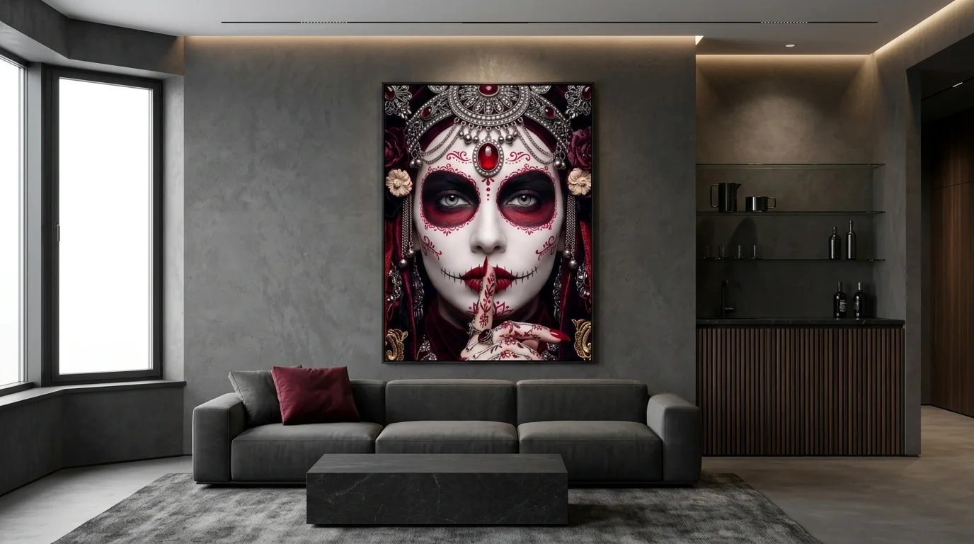 Mise en situation du tableau Masques d’éternité Catrina du Silence dans un salon design