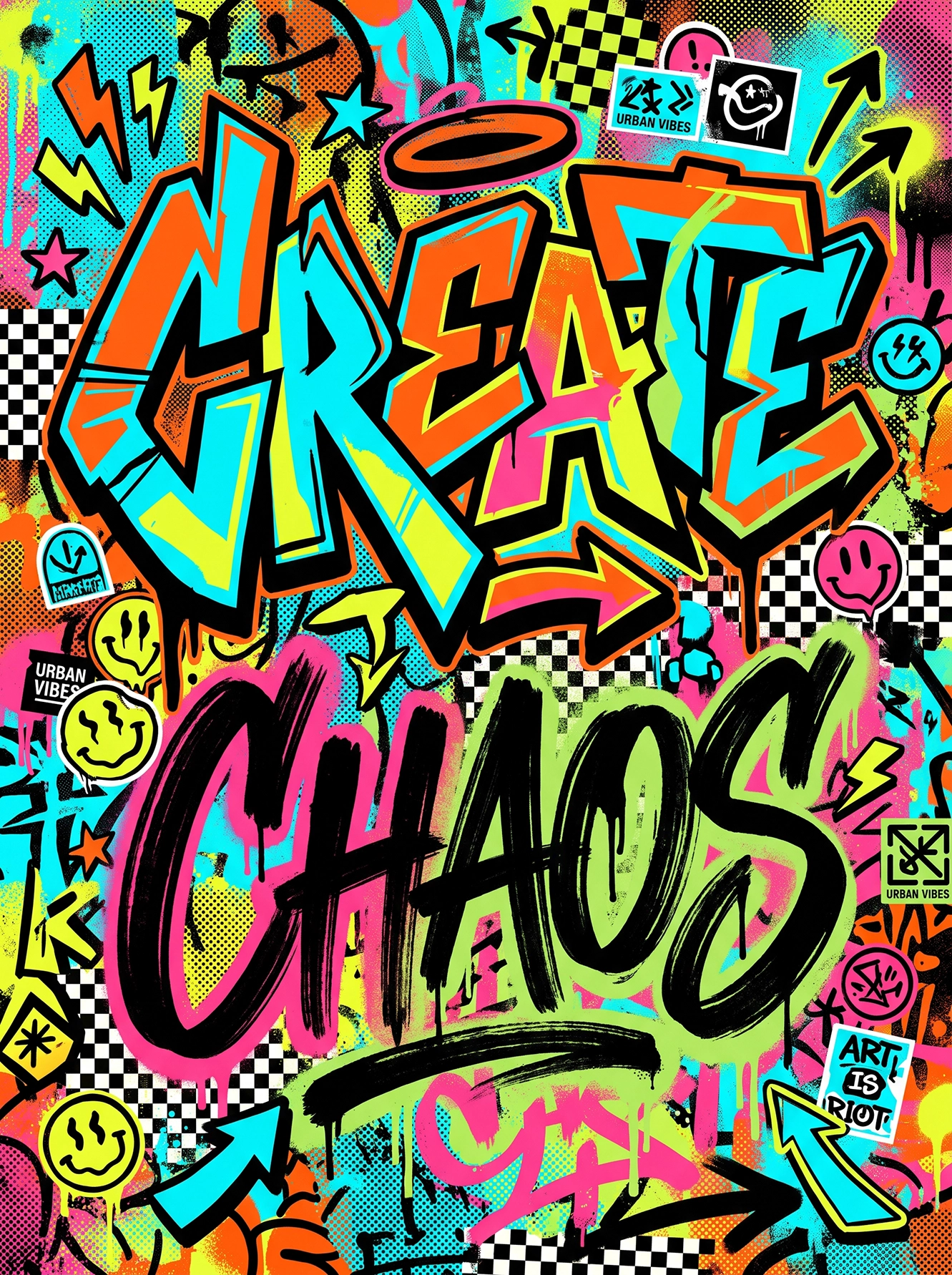 Tableau Create Chaos représentant une typographie graffiti pop art colorée avec lettering XXL, smileys, stickers urbains, damiers et ambiance street art contemporaine.