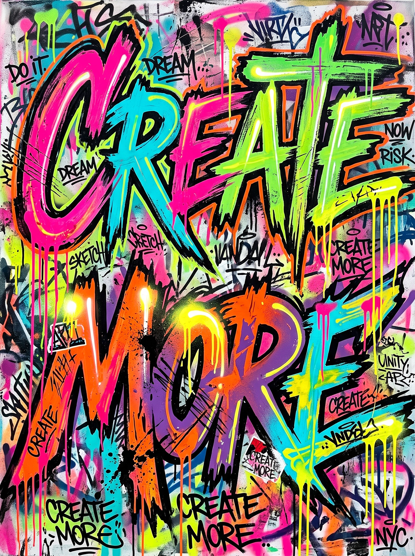 Tableau de typographie urbaine Create More mêlant graffiti contemporain, lettrages colorés et slogans street art.