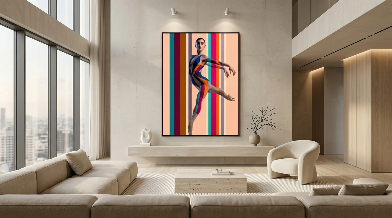 Mise en situation du tableau Danse Verticale dans un salon design
