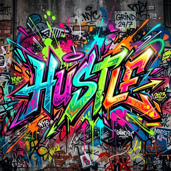 Tableau Hustle représentant un immense lettering graffiti multicolore sur un mur urbain recouvert de tags et de street art contemporain.