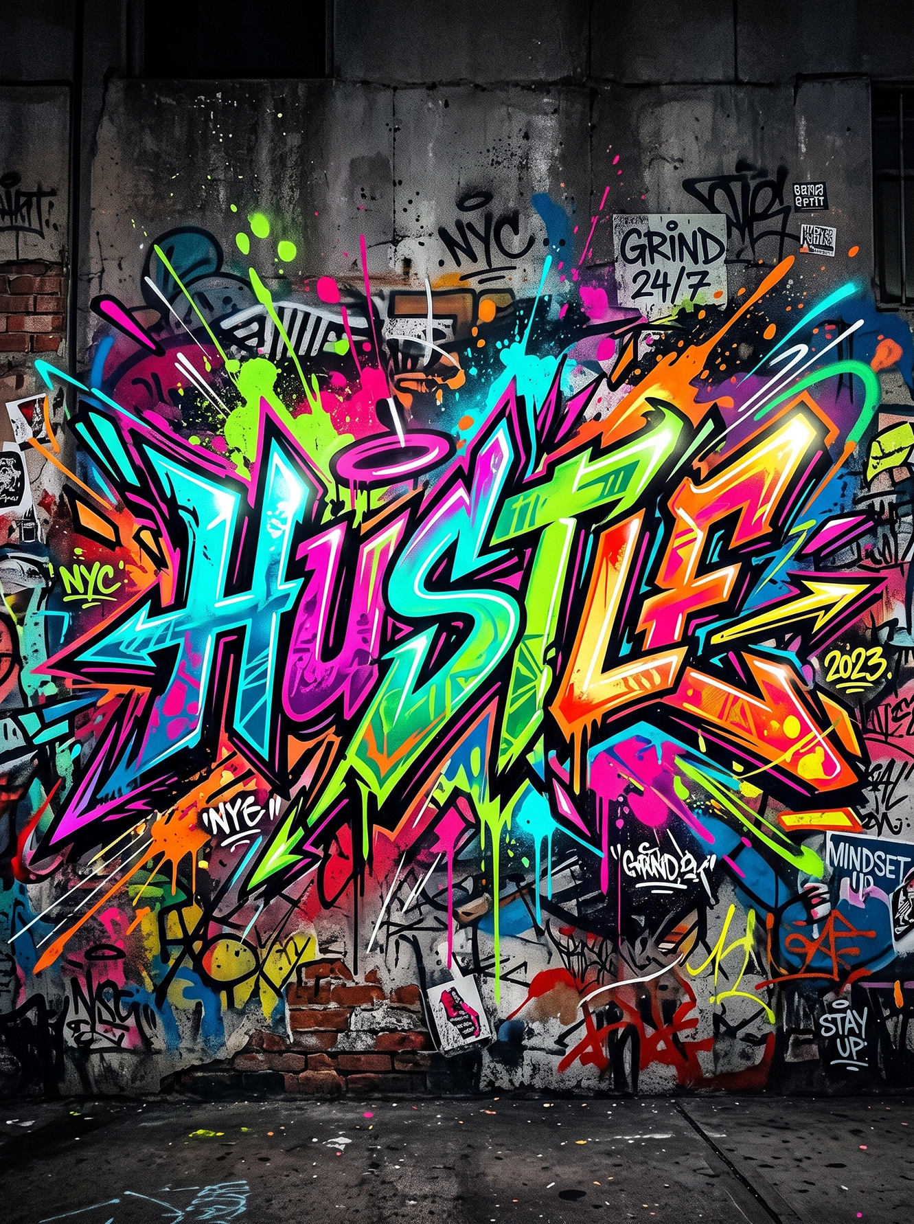 Tableau Hustle représentant un immense lettering graffiti multicolore sur un mur urbain recouvert de tags et de street art contemporain.