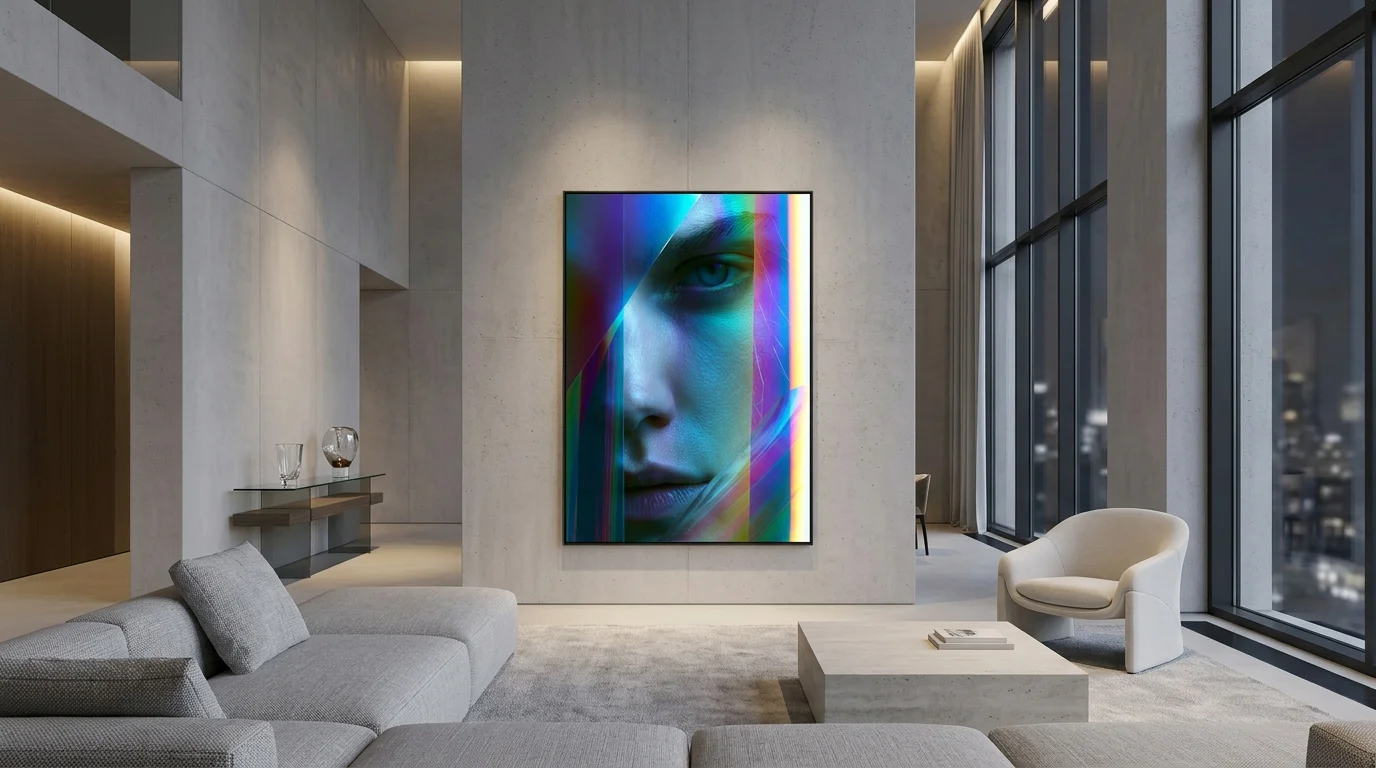 Mise en situation du tableau Éclats de Néon dans une ambiance lumineuse contemporaine