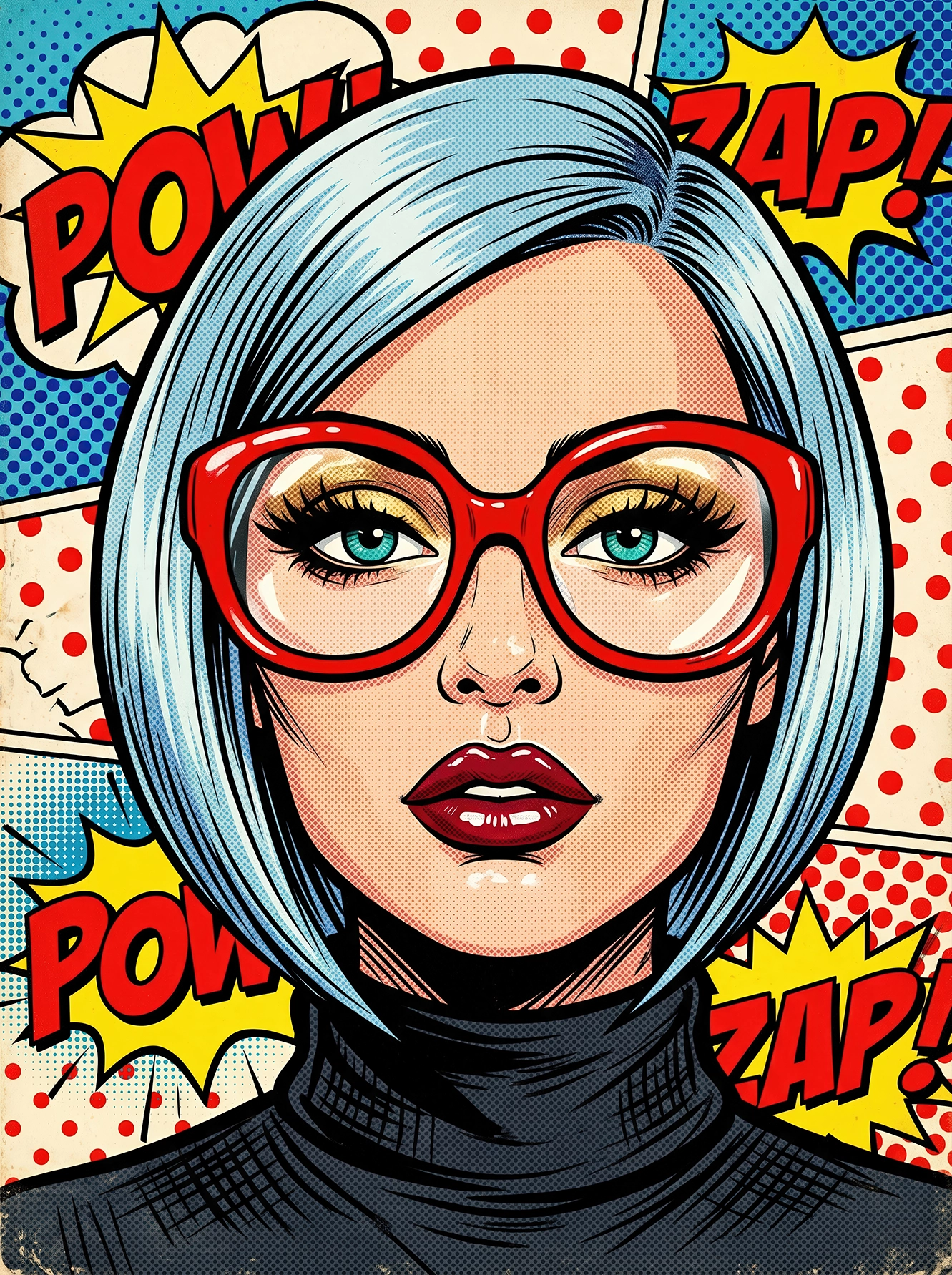 Portrait Pop Art d'une femme aux cheveux bleu argent portant des lunettes rouges sur un fond graphique inspiré des comics avec les inscriptions POW et ZAP.