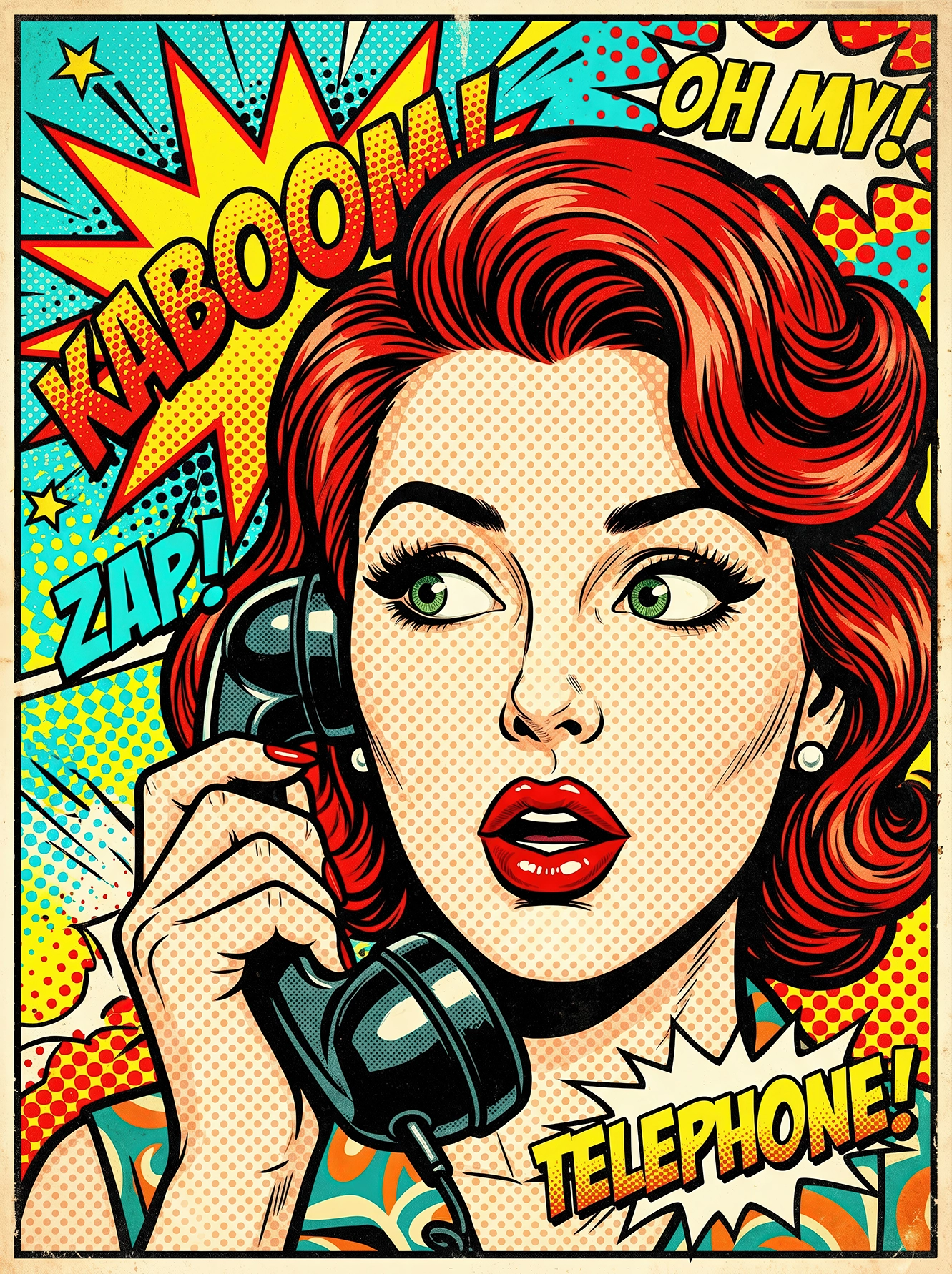 Portrait Pop Art d'une femme rousse répondant à un téléphone vintage noir sur un fond graphique inspiré des comics avec les inscriptions KABOOM, ZAP et OH MY!.