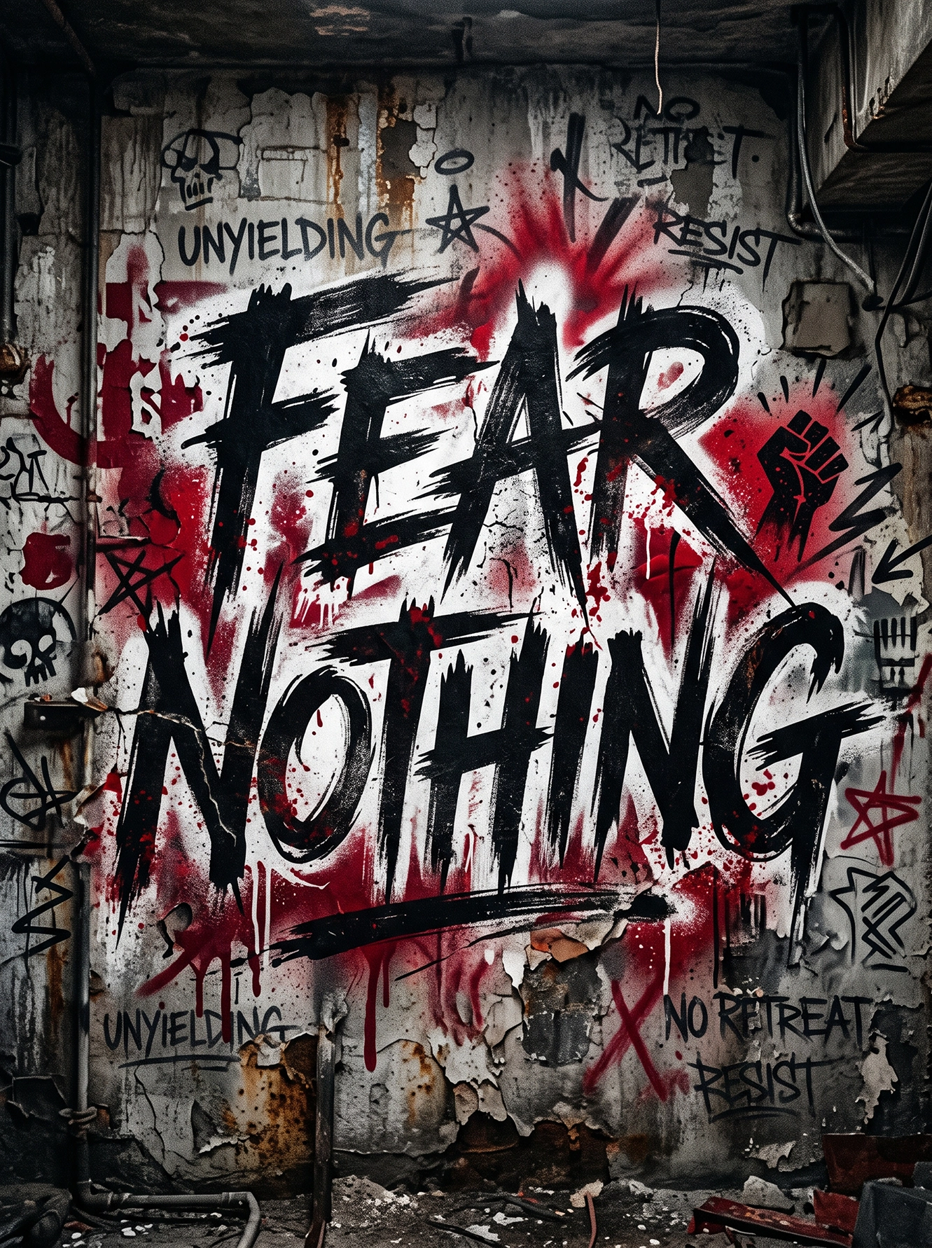 Tableau Fear Nothing représentant une immense typographie noire graffiti peinte sur un mur industriel texturé avec des projections rouges dans un style street art contemporain.