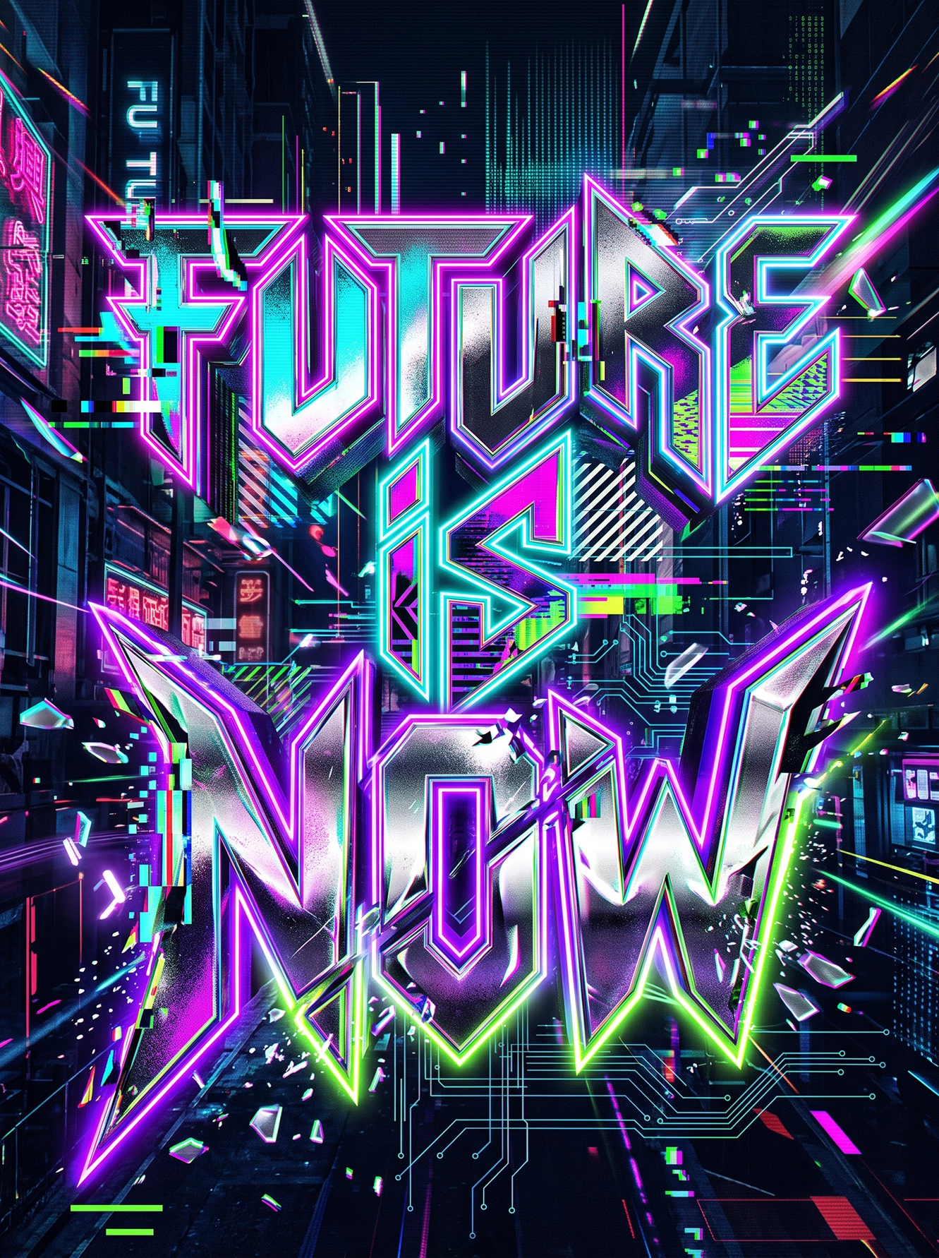 Tableau Future Is Now représentant une typographie cyberpunk futuriste en métal chromé avec effets glitch, néons cyan et magenta dans une ville numérique inspirée de la science-fiction.