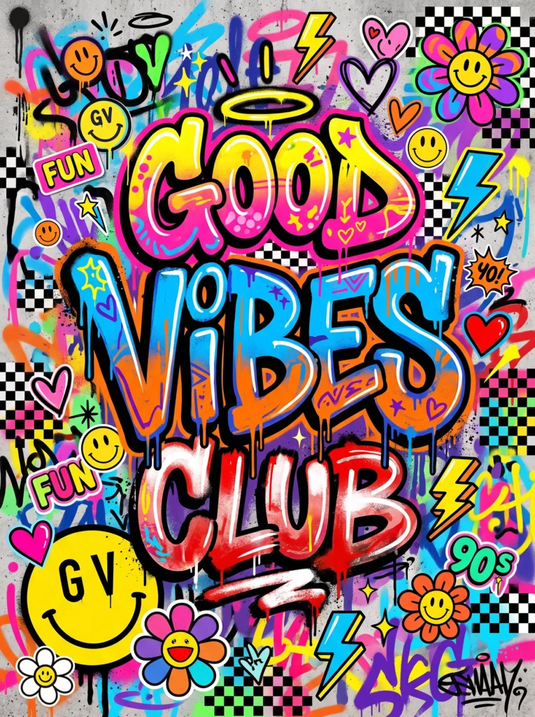 Tableau Good Vibes Club représentant une typographie pop art colorée entourée de smileys, fleurs rétro, cœurs, éclairs et éléments graffiti dans un univers néo-pop contemporain.