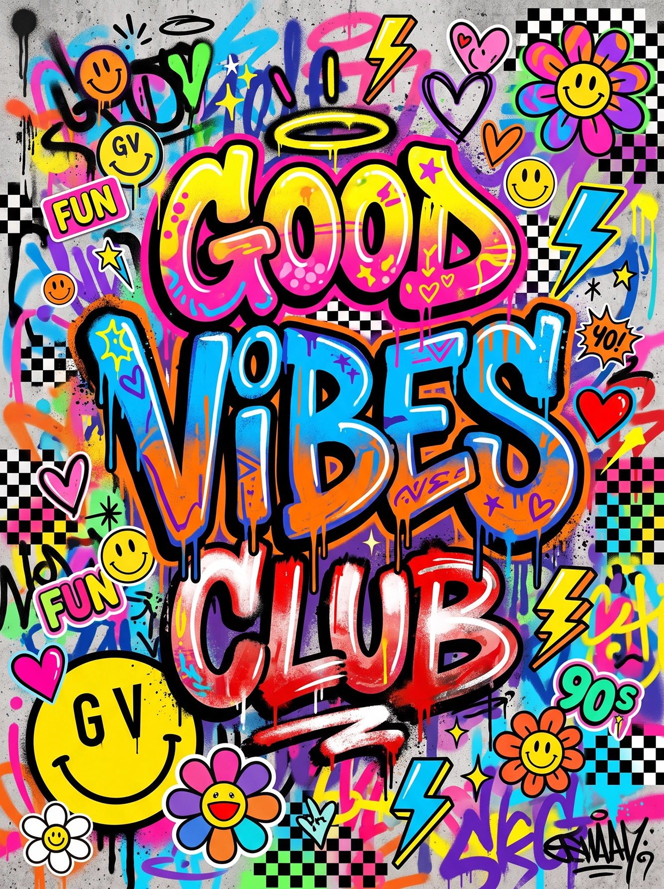 Tableau Good Vibes Club représentant une typographie pop art colorée entourée de smileys, fleurs rétro, cœurs, éclairs et éléments graffiti dans un univers néo-pop contemporain.