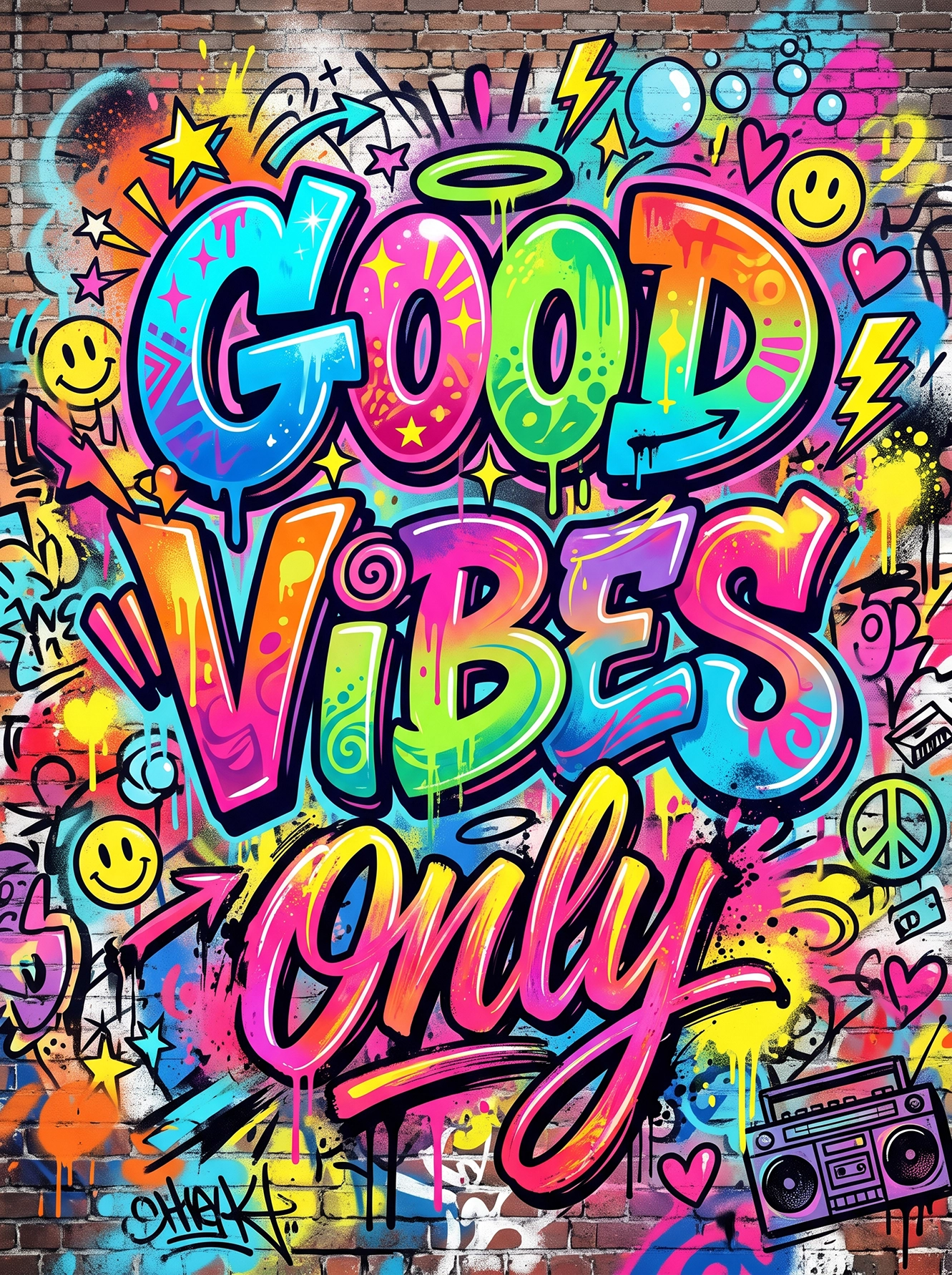 Tableau Good Vibes Only de typographie urbaine avec graffiti coloré, lettrages XXL et ambiance street art contemporaine.