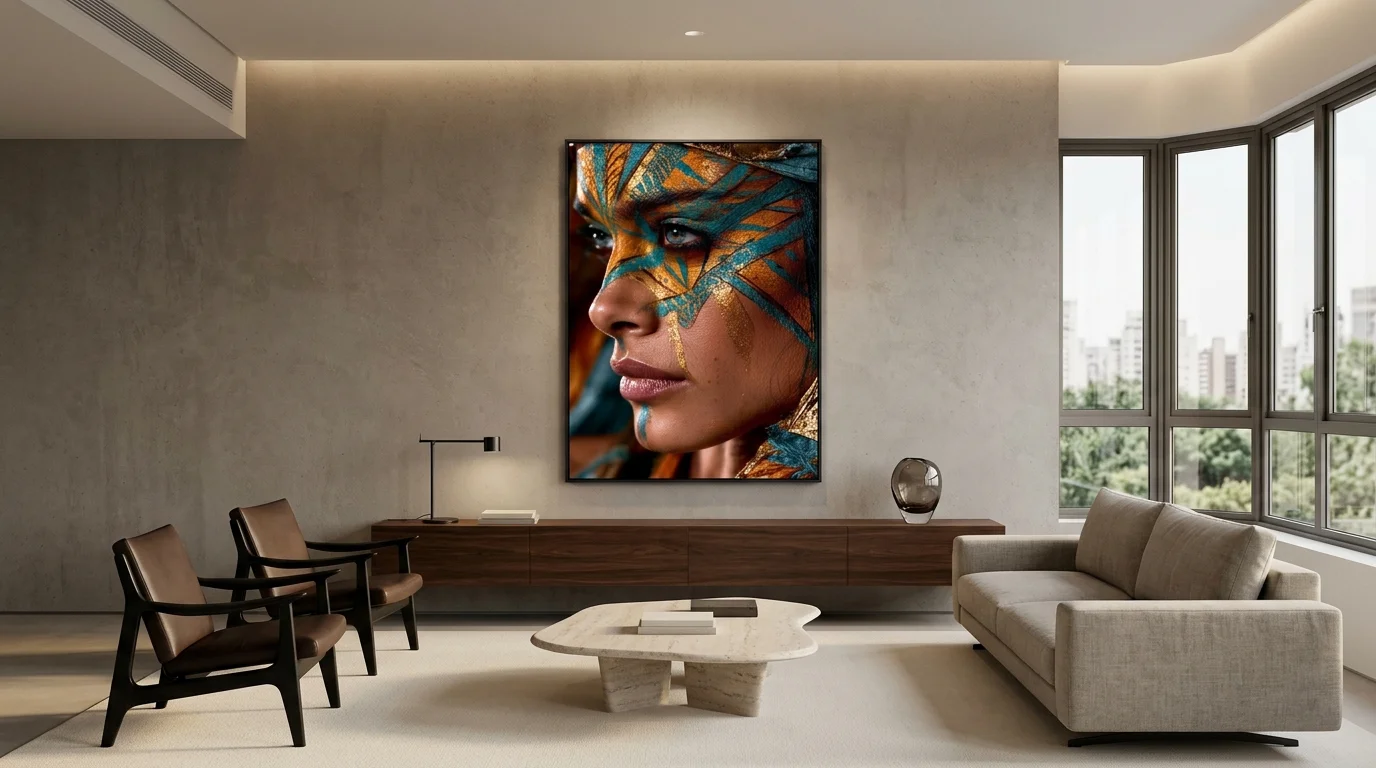 Mise en situation du tableau Maquillage graphique Héritage Tribal dans un intérieur contemporain