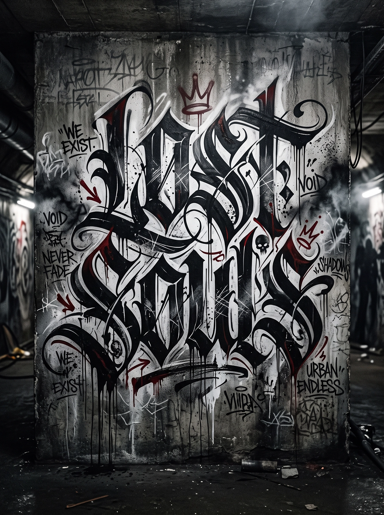 Tableau Lost Souls de calligraphie urbaine avec lettrage gothique, graffiti monochrome et style street art underground.
