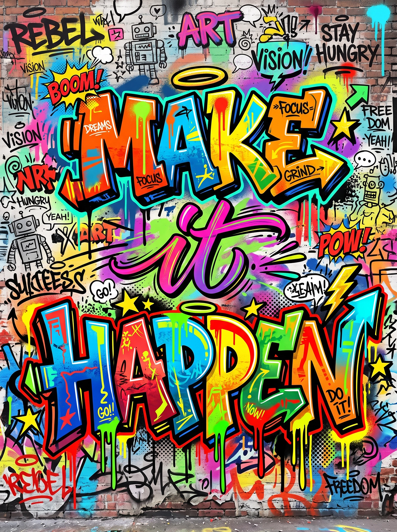 Tableau Make It Happen représentant une immense typographie graffiti multicolore entourée de tags, slogans et illustrations street art sur un mur de briques.