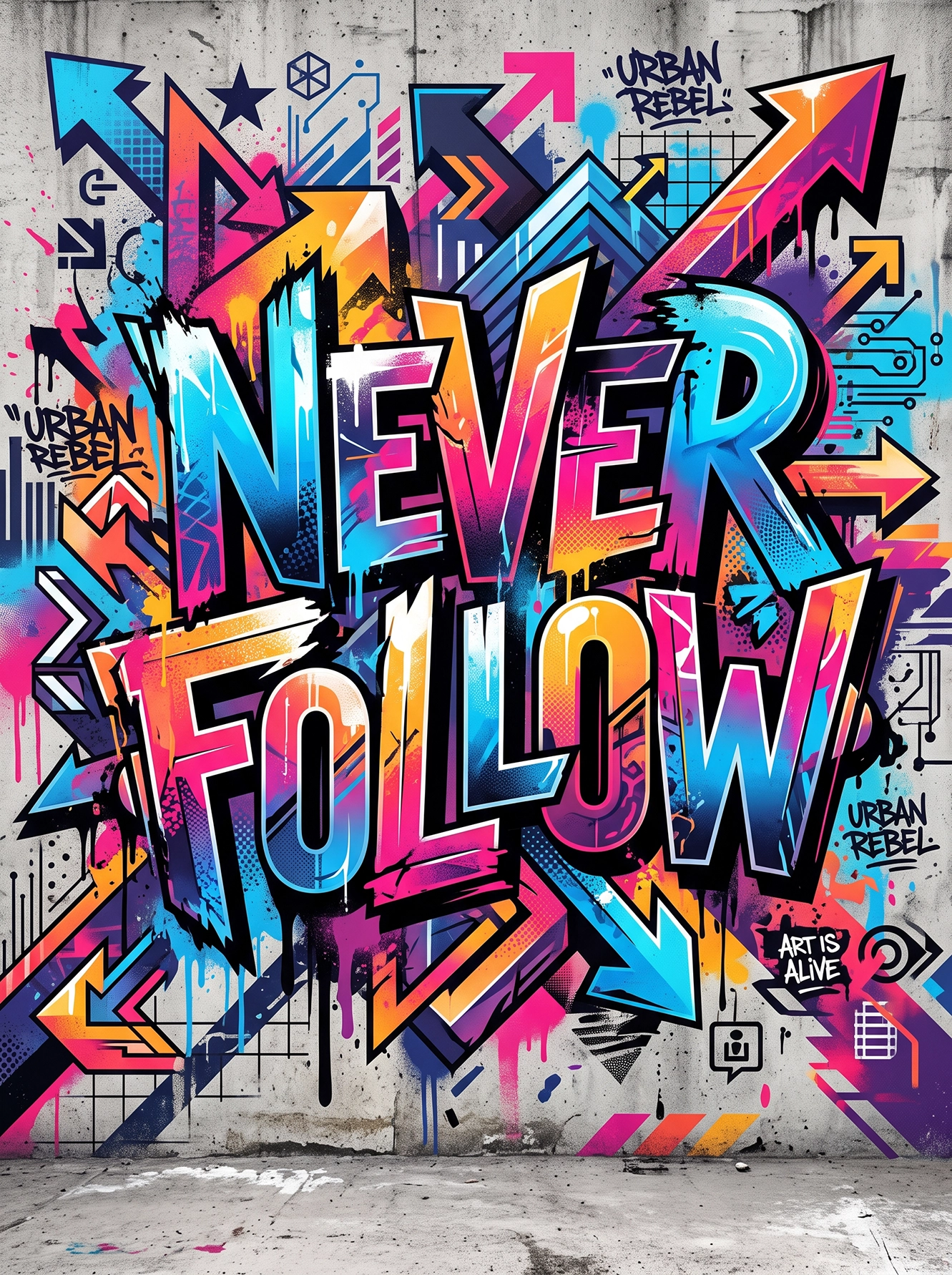 Tableau Never Follow représentant une immense typographie graffiti colorée avec lettering contemporain, flèches graphiques, design urbain moderne et influences street art.