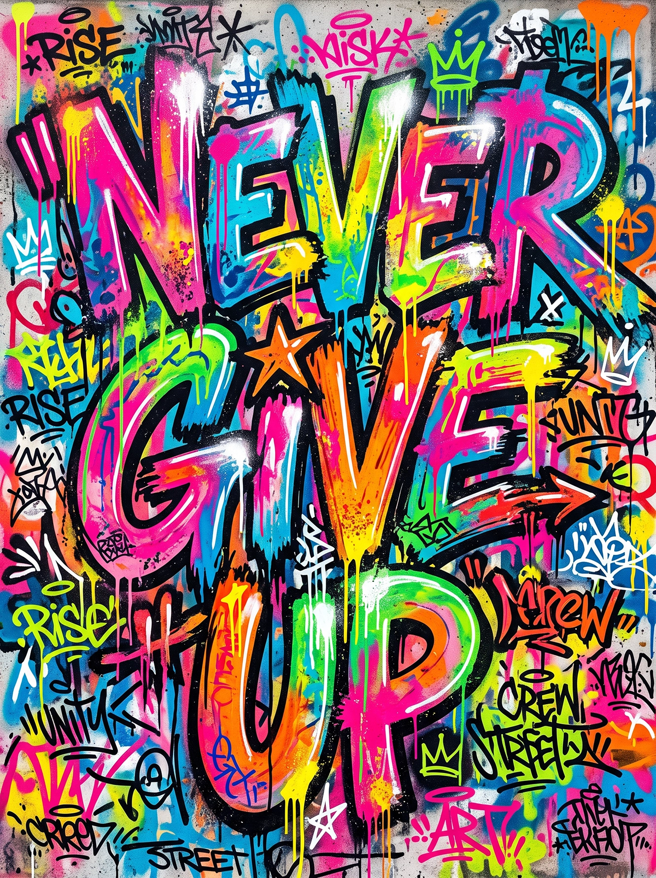 Tableau Never Give Up représentant une immense typographie graffiti multicolore avec lettering XXL, tags et street art contemporain sur fond urbain.