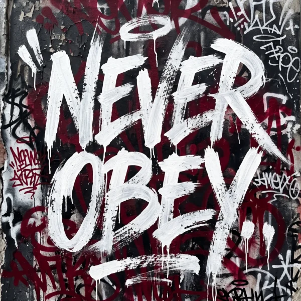 Tableau Never Obey représentant une immense typographie graffiti blanche peinte sur un mur urbain patiné recouvert de tags et de textures street art.