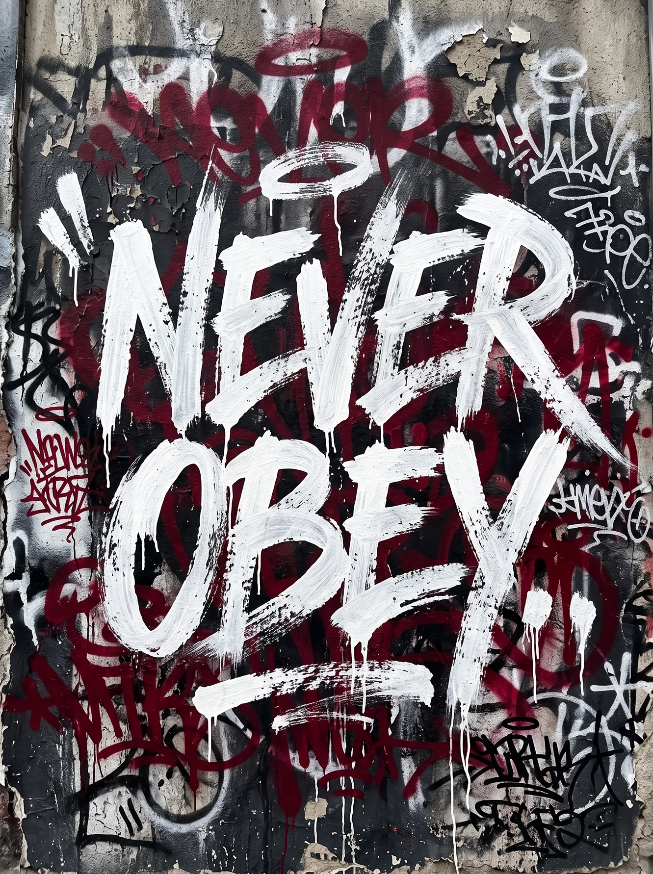 Tableau Never Obey représentant une immense typographie graffiti blanche peinte sur un mur urbain patiné recouvert de tags et de textures street art.