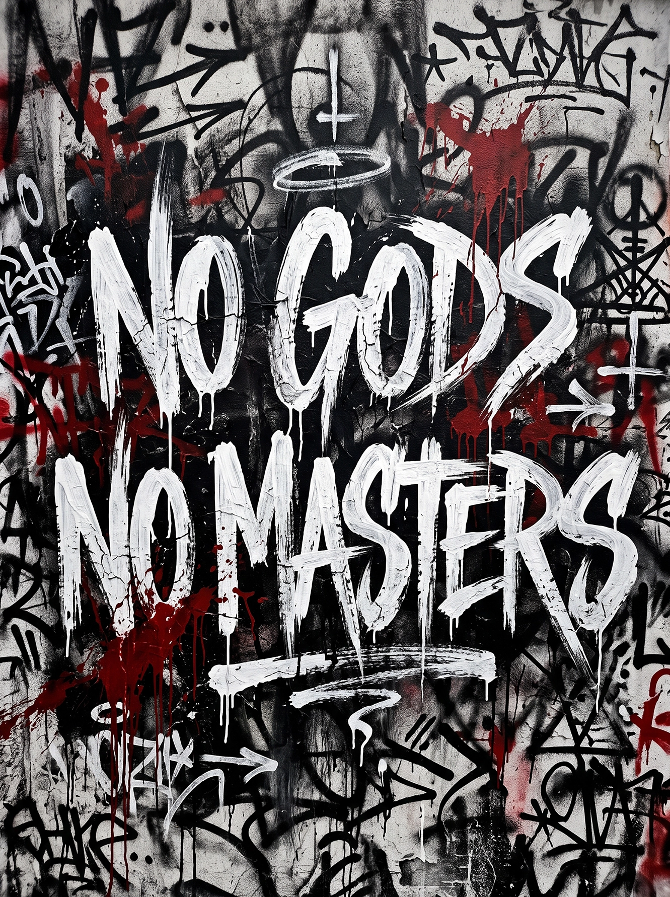 Tableau No Gods No Masters représentant un slogan de typographie urbaine peint en graffiti noir, blanc et rouge sur un mur de street art.