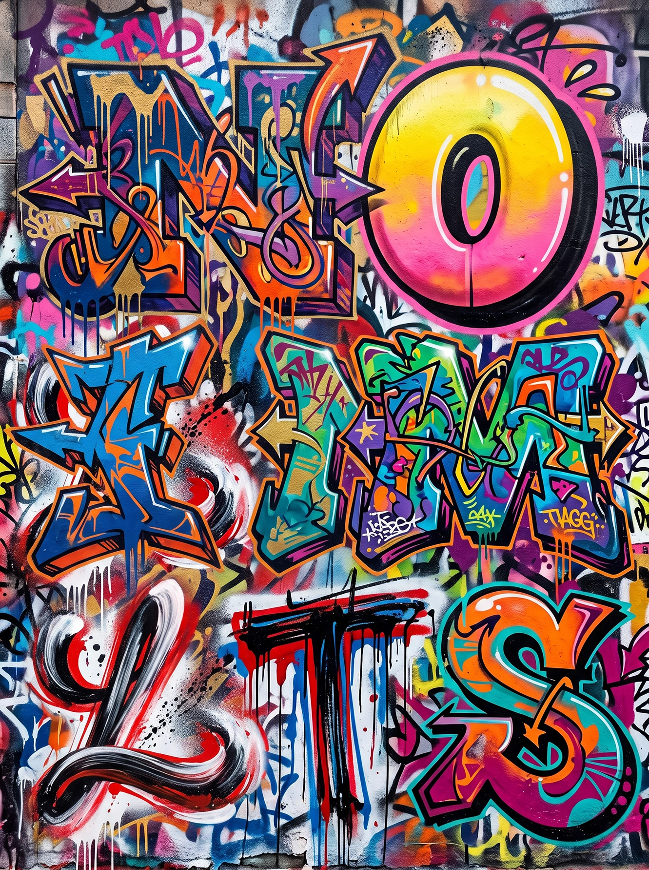 Tableau No Limits représentant un lettering graffiti coloré composé de typographies urbaines multicolores sur un mur recouvert de tags.