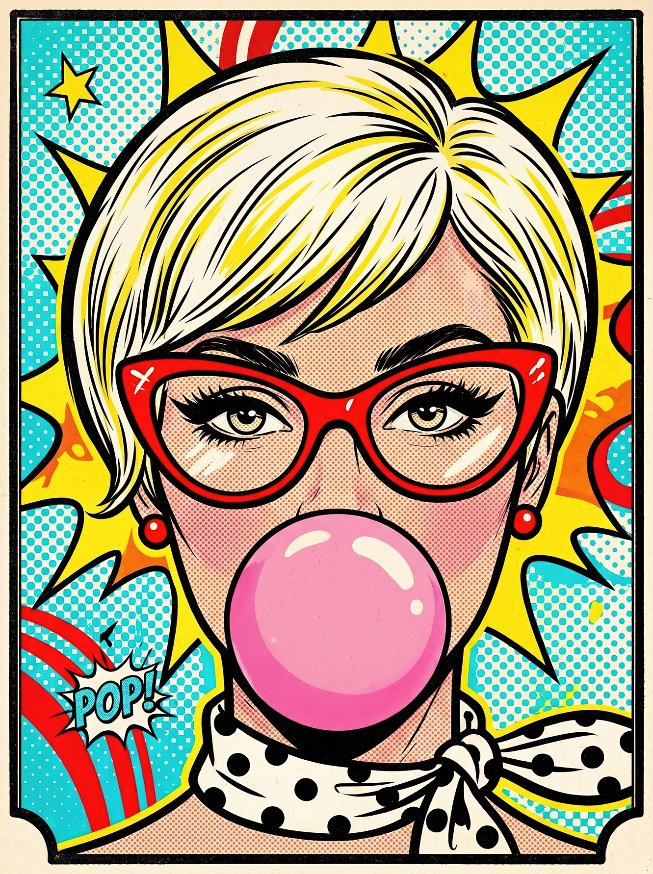 Portrait Pop Art d'une femme blonde portant des lunettes rouges et soufflant une bulle de chewing-gum rose sur un fond graphique inspiré des comics vintage.