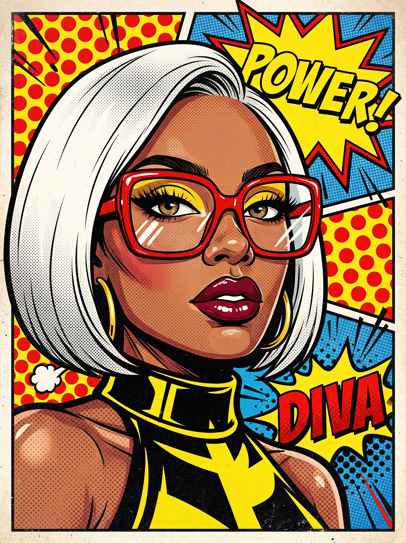 Portrait Pop Art contemporain représentant une femme élégante aux cheveux argentés, lunettes rouges et fond graphique inspiré des comics américains.