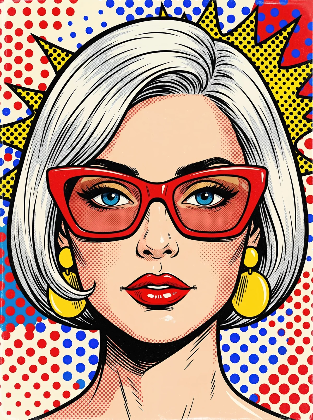 Portrait Pop Art d'une femme élégante aux cheveux argentés, lunettes rouges et boucles d'oreilles dorées sur un fond graphique à pois rouges et bleus.