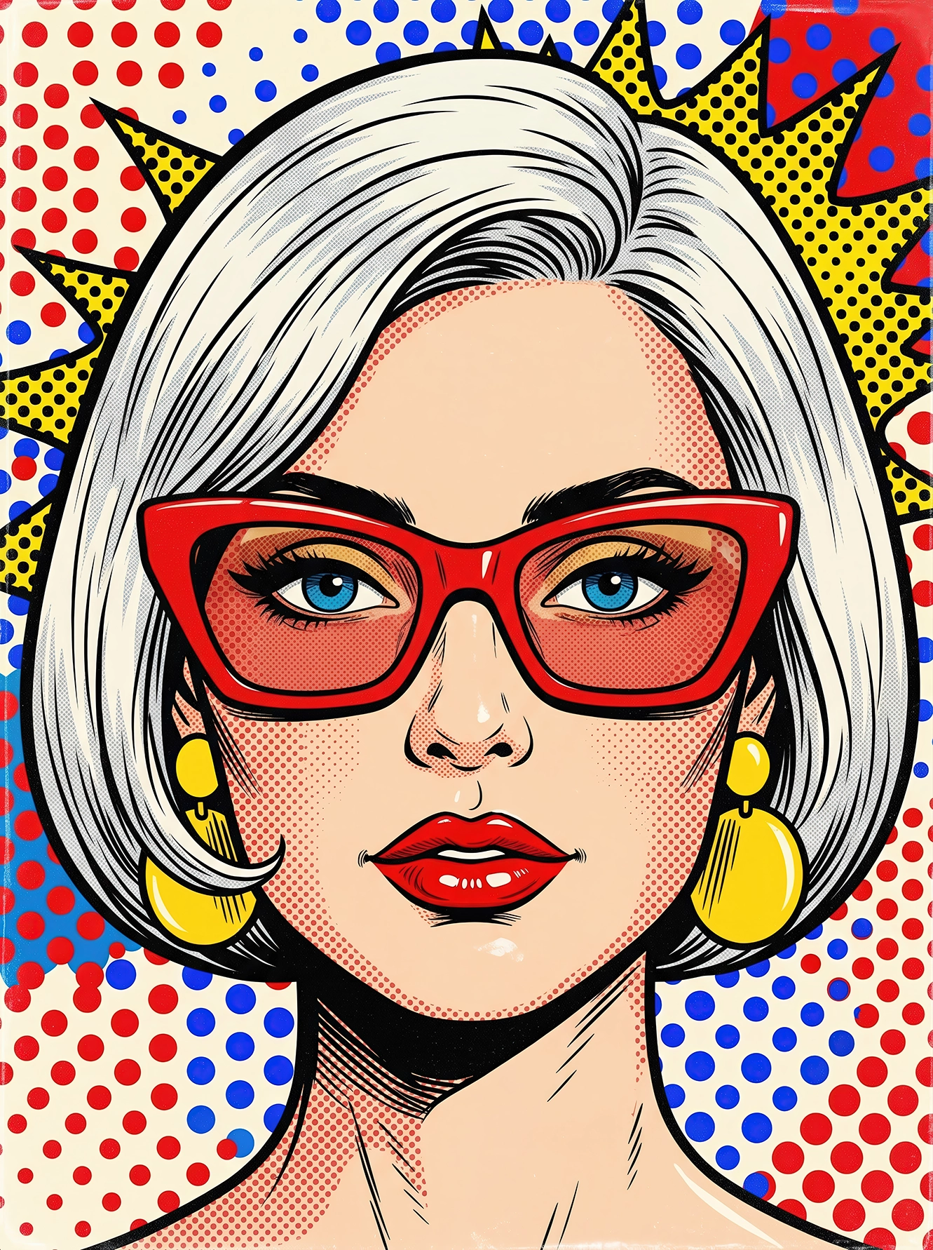Portrait Pop Art d'une femme élégante aux cheveux argentés, lunettes rouges et boucles d'oreilles dorées sur un fond graphique à pois rouges et bleus.