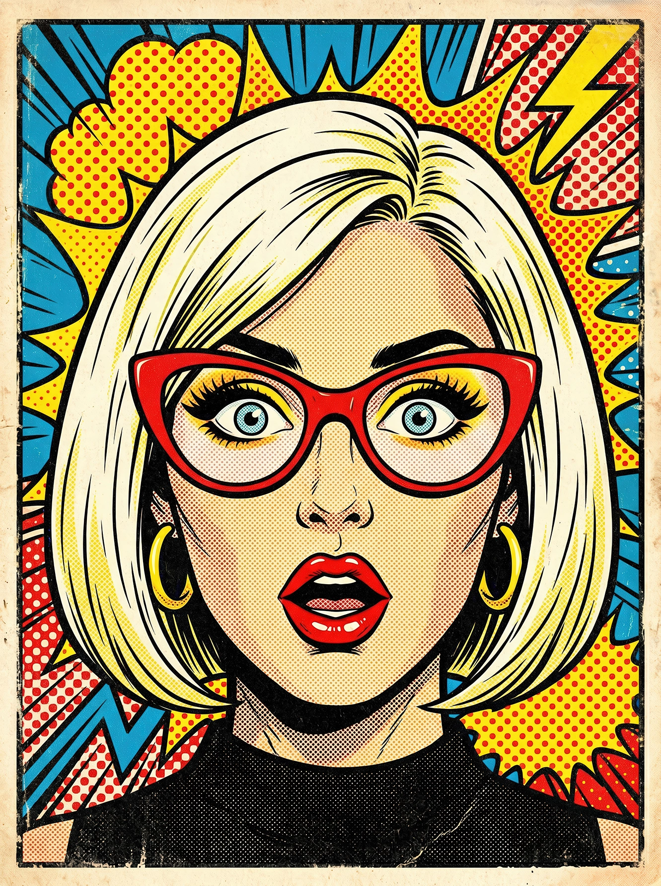 Portrait pop art vintage d'une femme blonde aux lunettes rouges avec une expression de surprise sur un fond graphique inspiré des comics américains.