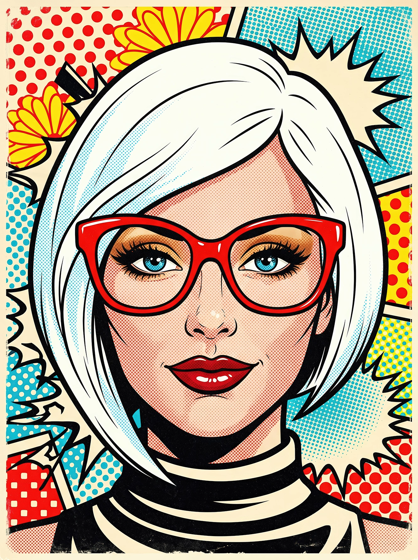 Portrait pop art contemporain représentant une femme aux cheveux blancs portant des lunettes rouges sur un fond graphique inspiré des comics vintage.