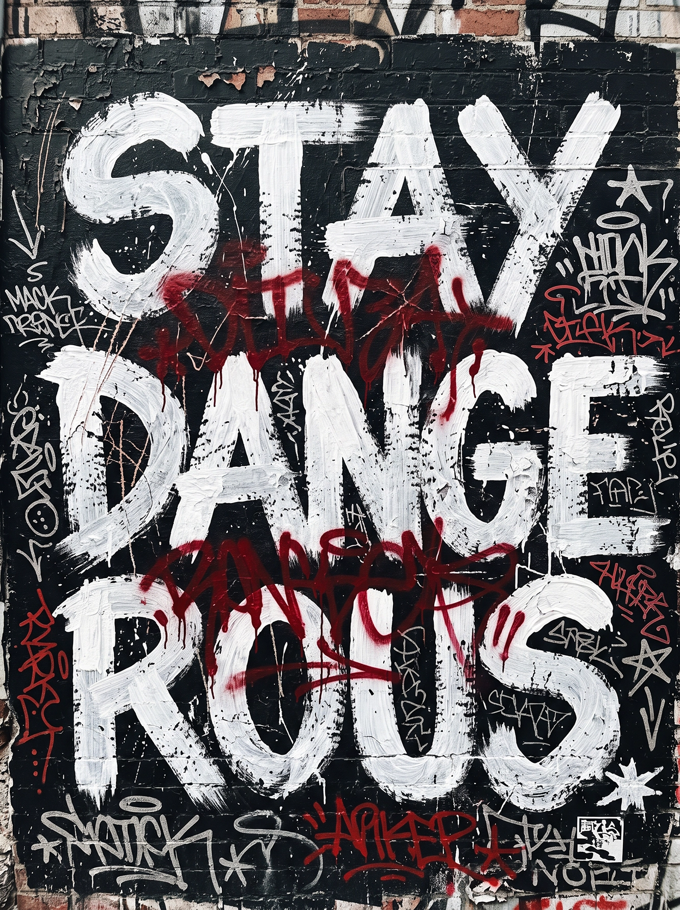 Tableau Stay Dangerous représentant une immense typographie graffiti blanche peinte sur un mur noir recouvert de tags et de textures street art.
