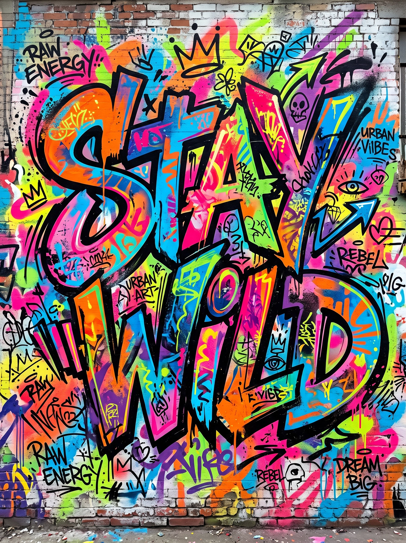 Tableau Stay Wild de typographie urbaine avec graffiti coloré, lettrage XXL et ambiance street art contemporaine.