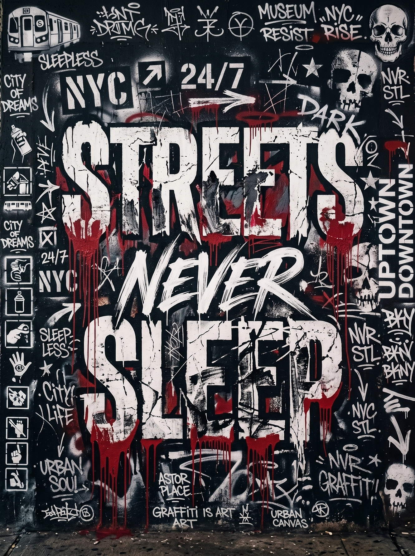 Tableau Streets Never Sleep représentant une immense typographie graffiti blanche sur fond noir inspirée du street art new-yorkais avec symboles urbains, tags et coulures rouges.
