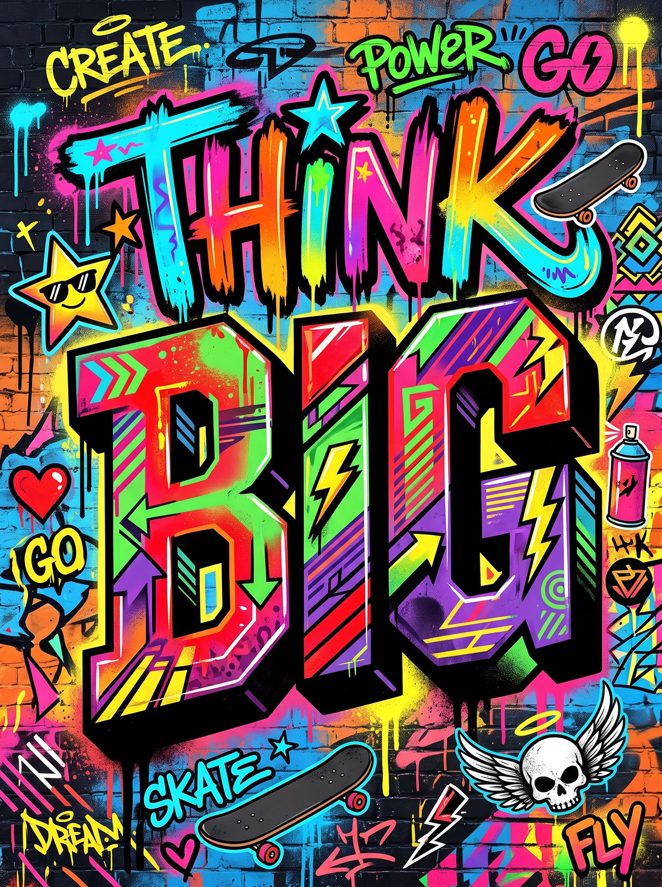 Tableau Think Big représentant une immense typographie graffiti colorée dans un style pop street art avec lettering 3D, skateboard, bombe de peinture et mur de briques urbain.