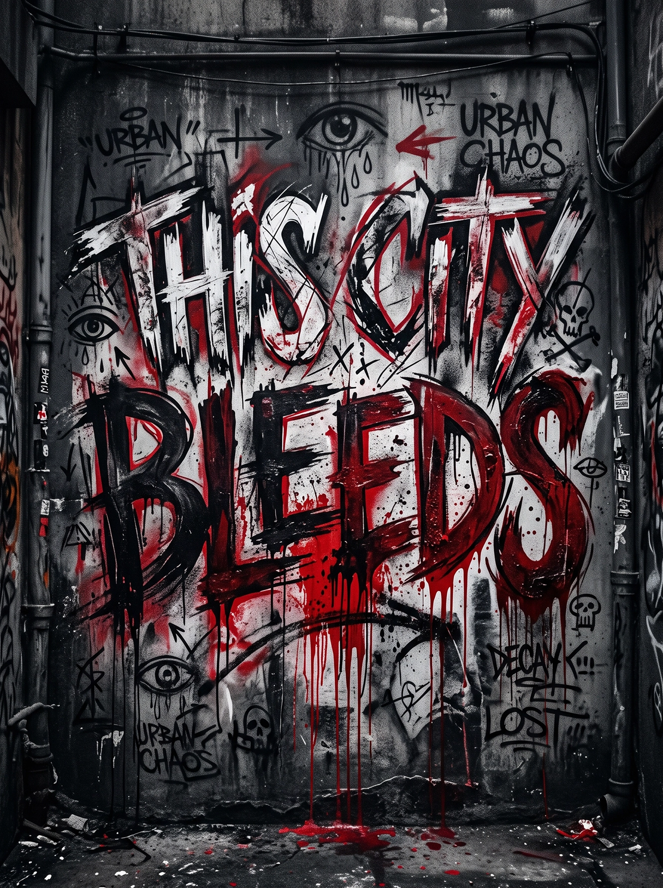 Tableau This City Bleeds de typographie urbaine avec graffiti noir, blanc et rouge dans un style street art underground.