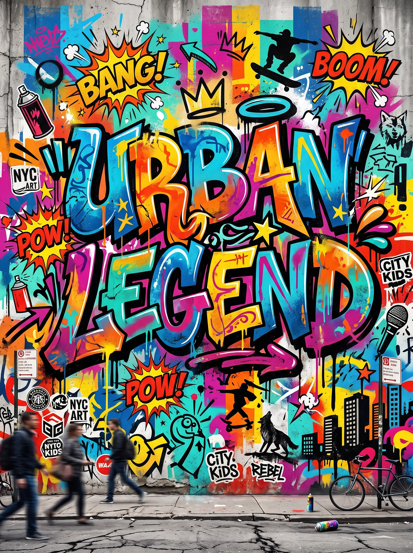 Tableau Urban Legend représentant une immense fresque street art colorée avec graffiti monumental, skateboard, skyline urbaine, pop art et nombreux éléments inspirés de la culture urbaine contemporaine.
