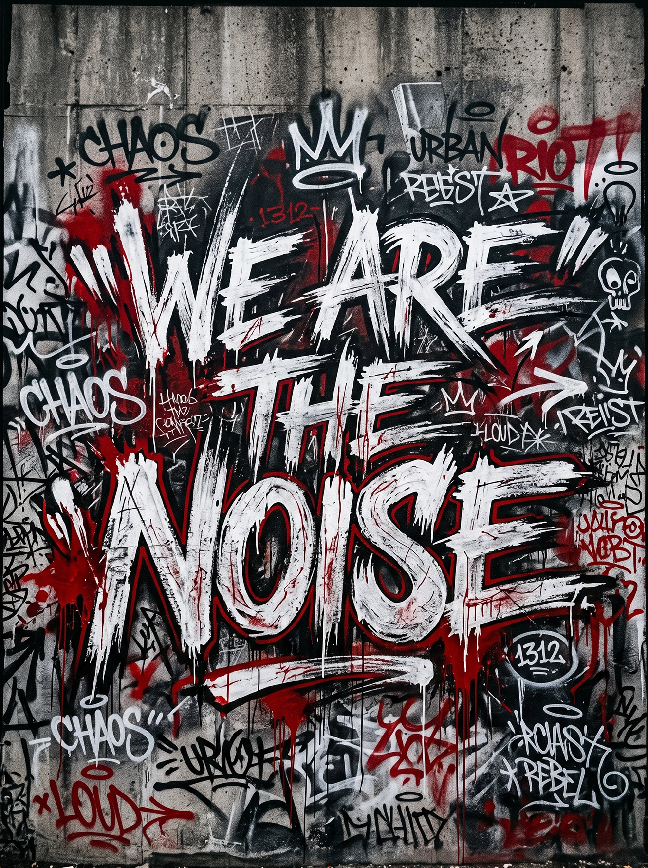 Tableau We Are The Noise représentant un slogan de typographie urbaine en graffiti blanc sur fond noir et rouge avec tags et coulures de peinture.