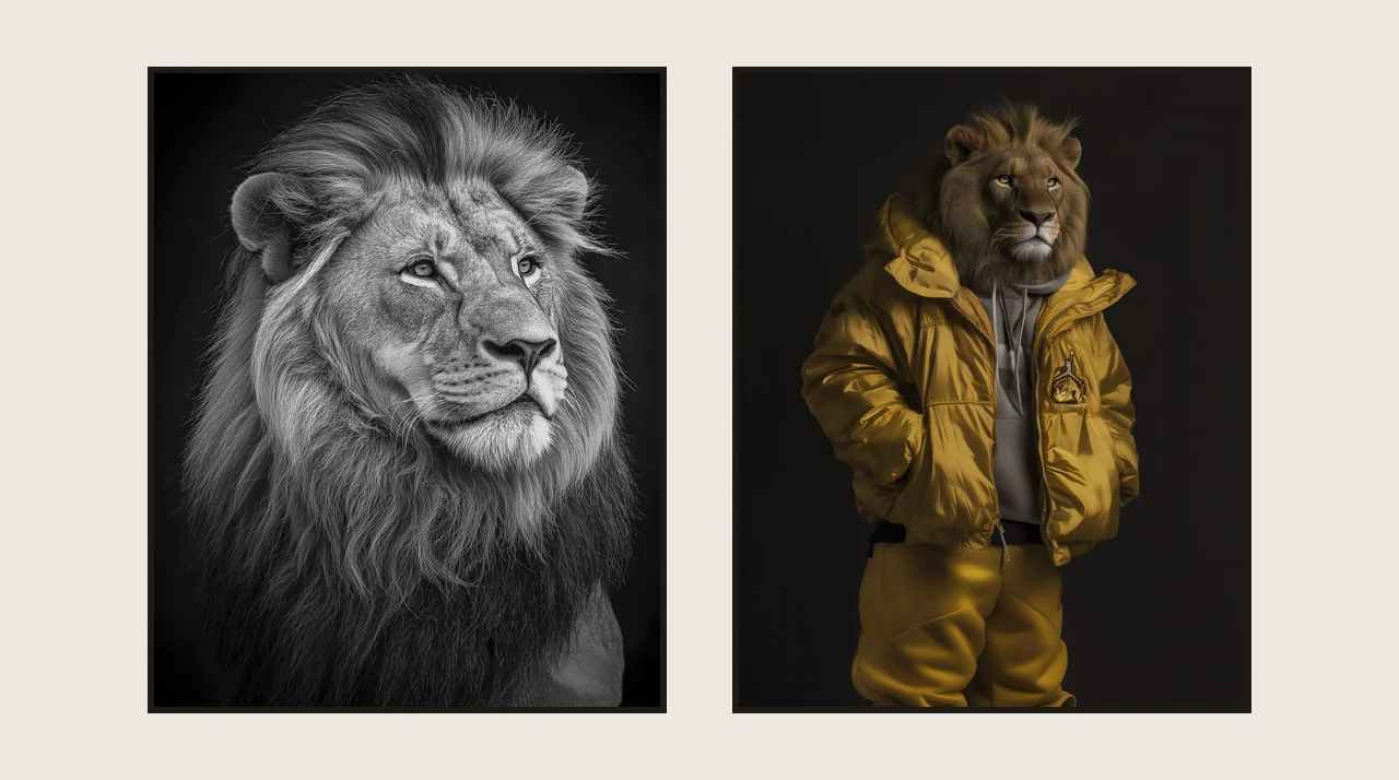 Détail des finitions et des matières pour un tableau animaux stylisés