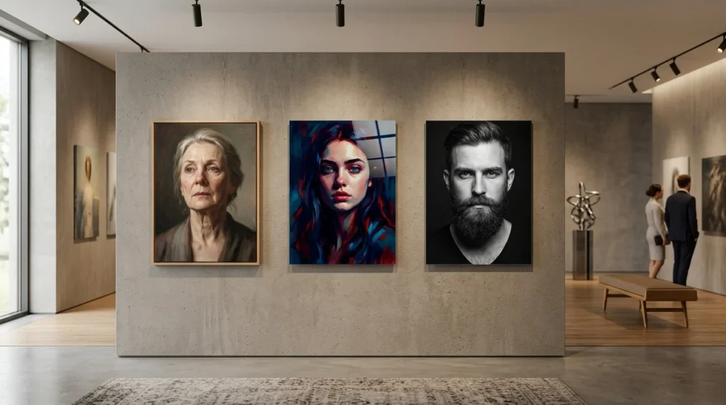 Comparatif des finitions toile canvas, Plexiglas brillant et Alu Dibond mat présentés dans une galerie d art contemporaine