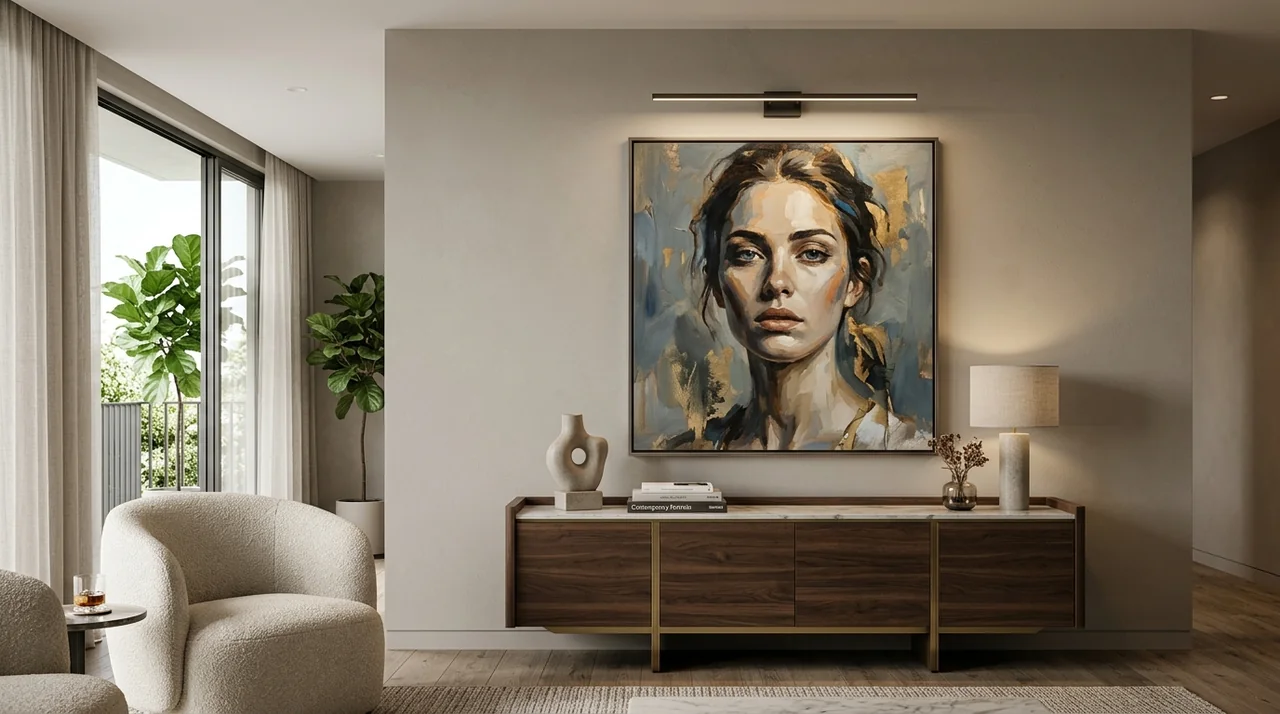 Mise en scène d un luminaire orienté pour éclairer un tableau sans reflets dans un salon moderne