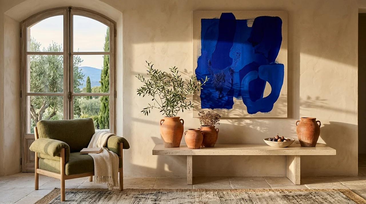 Harmonie méditerranéenne entre un tableau bleu Majorelle, des céramiques terracotta et un fauteuil vert olive