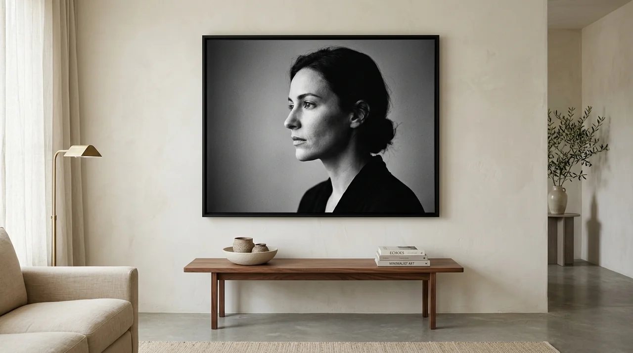 Mise en scène d un support pour tableau portrait noir et blanc encadré en caisse américaine