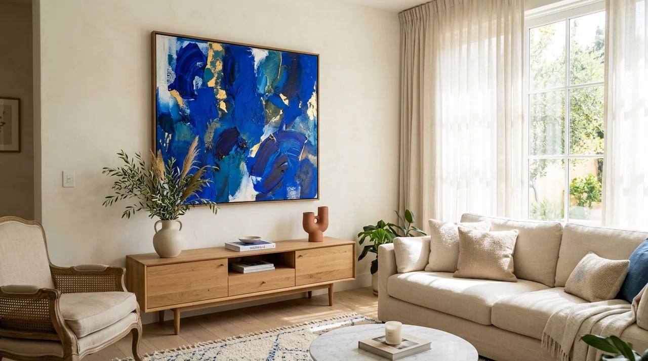 Tableau contemporain bleu Majorelle vibrant au-dessus d'une console en chêne dans un salon lumineux