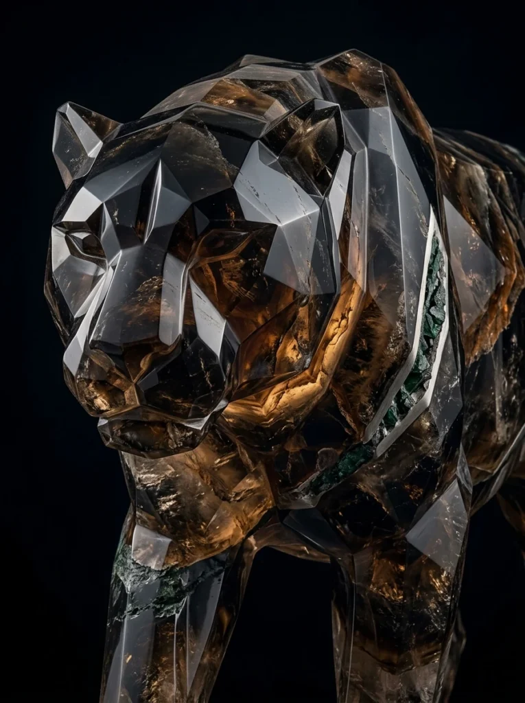 La Panthère d’Onyx & Quartz Fumé – Tableau Bestiaire Cristallin